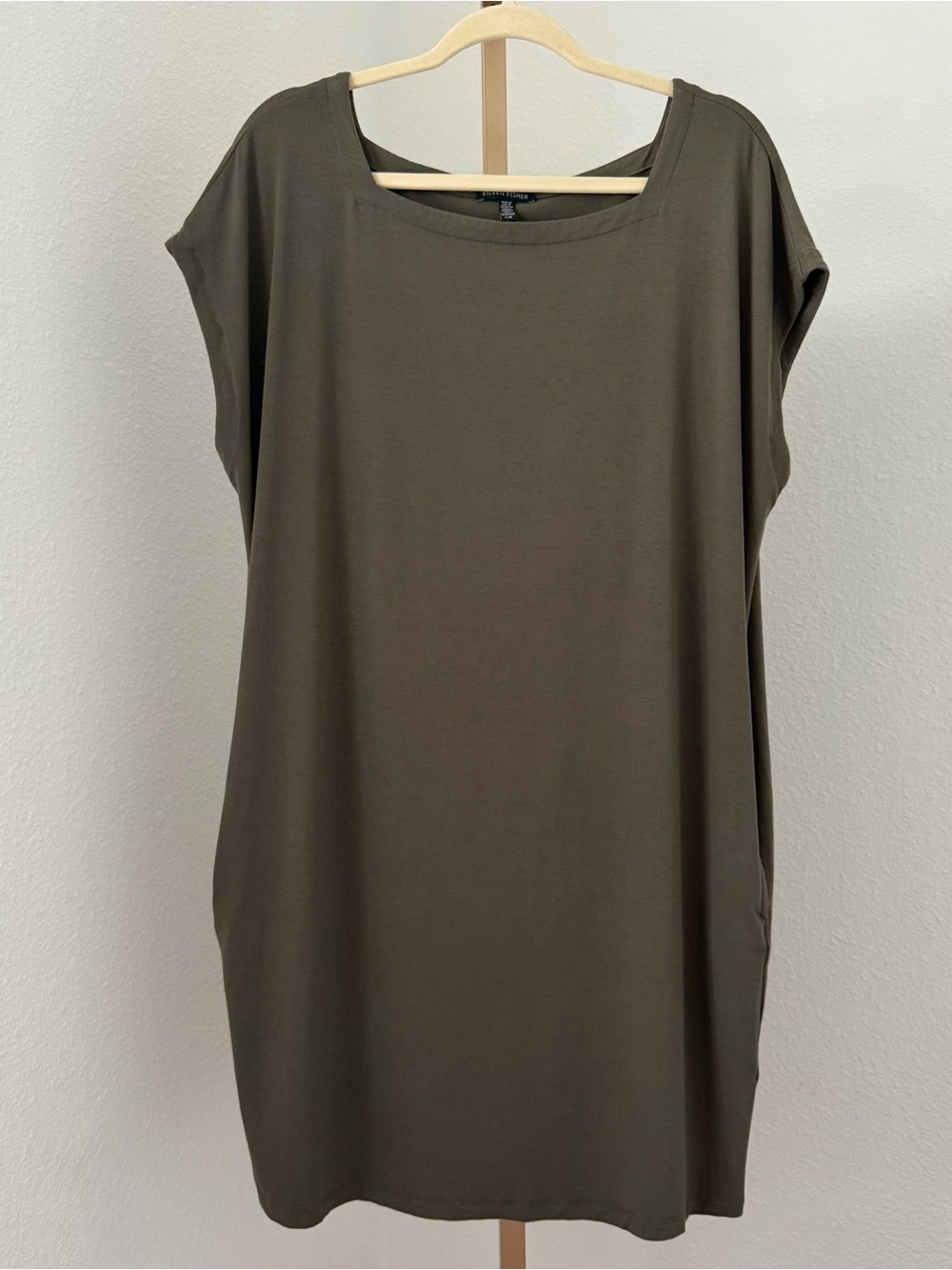 Eileen Fisher Olive Green Shift Dress Cap Sleeve Viscose Pockets Lagenlook L/G